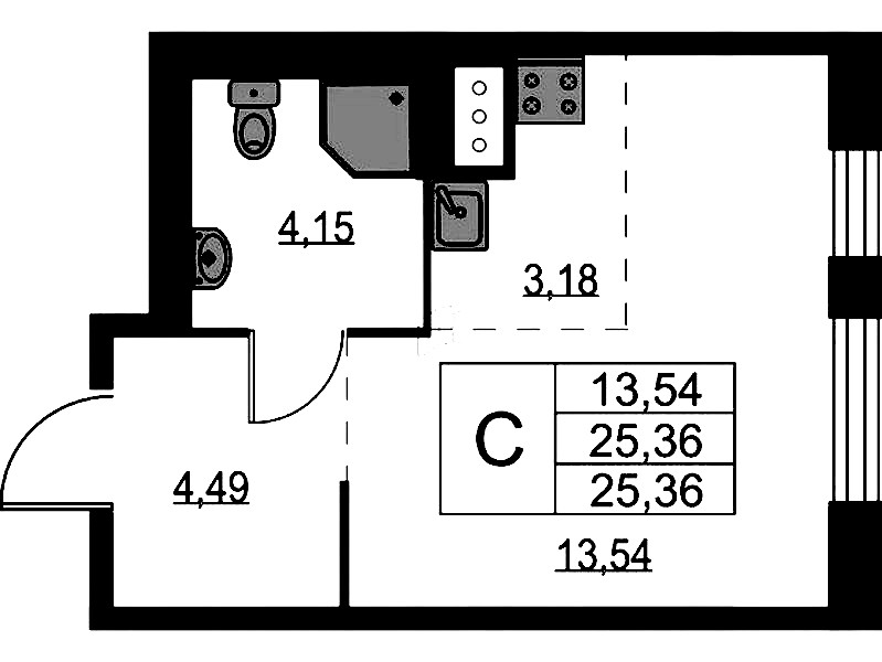 Квартира студия 25.36 м², 9/9 эт., ЖК «Квартал Лаголово»
